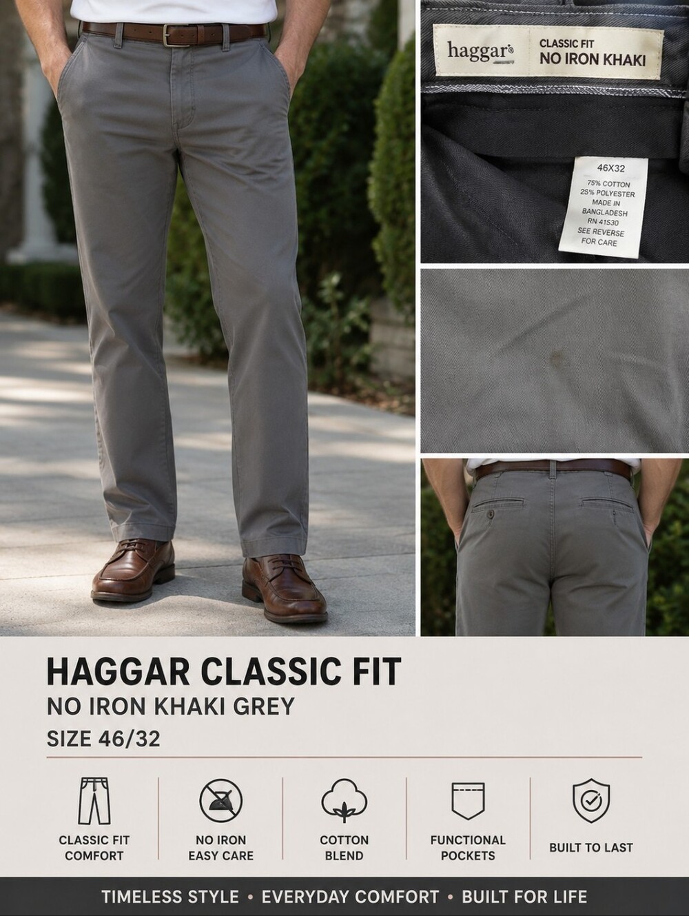 Haggar Classic Fit‎ No Iron Khaki Gray Men’s Pants 46x32